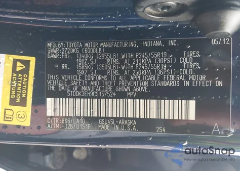 2012 Toyota Highlander Limited V6 from USA, damaged, VIN 5TDDK3EH9CS157524